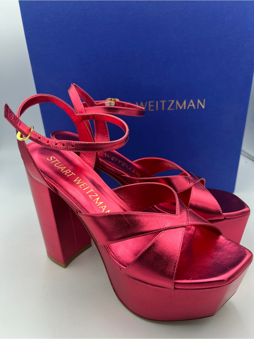 Stuart Weitzman Miami Hot Pink Metallic Leather Platform Sandals Eu39 Us 8.5 New
